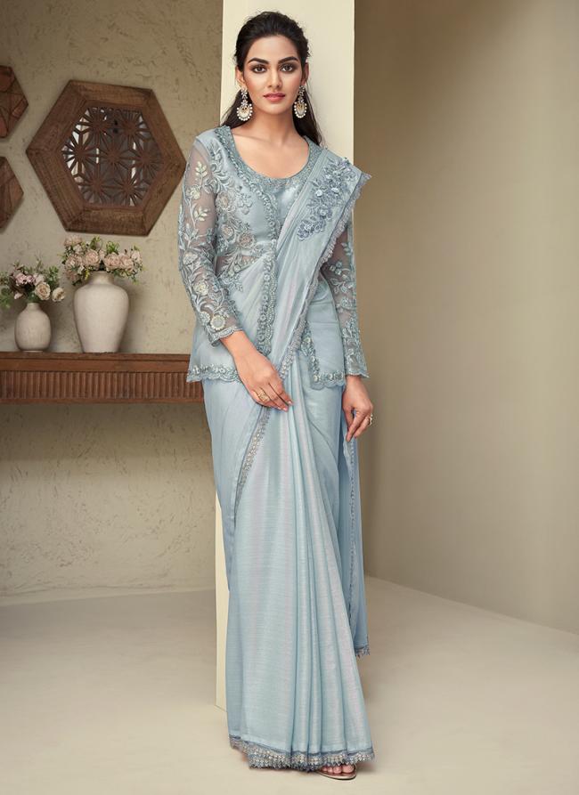 Rainbow Shimmer  Melt Sky Blue Party Wear Embroidery Work Saree